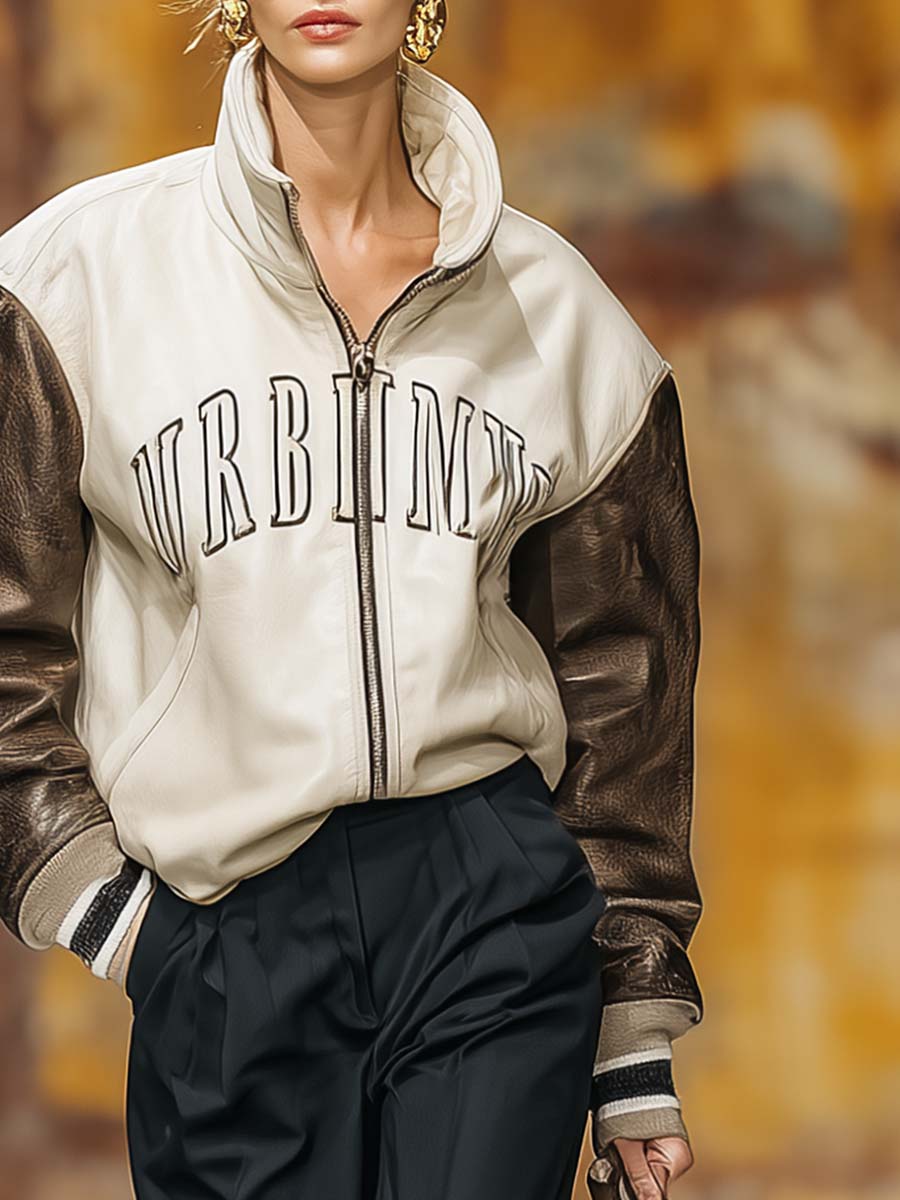 Retro Casual Sportswear Lapel Front Zipper Contrast Sleeves Baseball Jacket