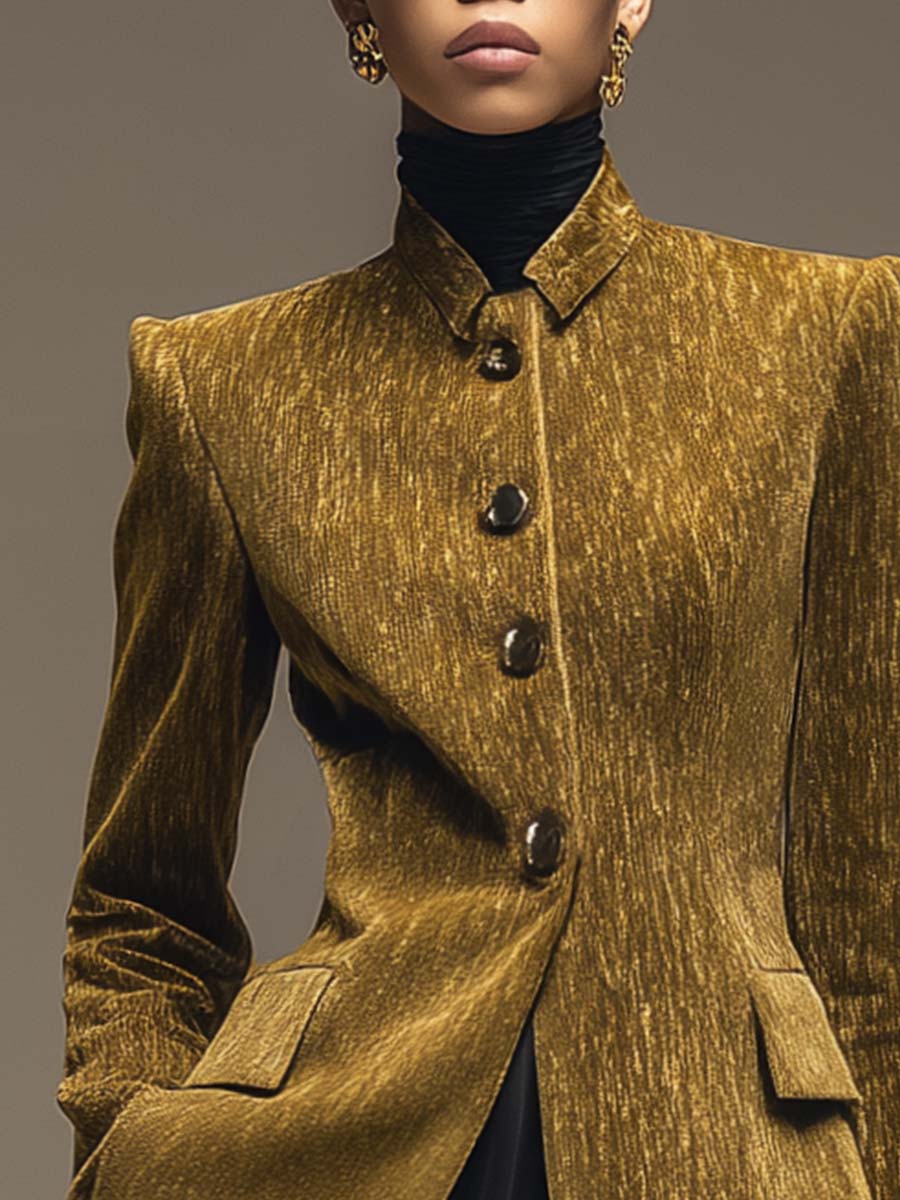 Vintage Temperament Front Button Lapel Gold Velvet Blazer Style X-shaped Tailored Jacket