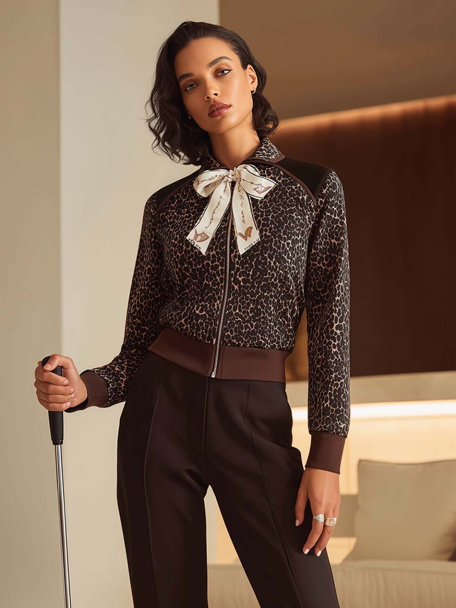 Retro Fashion Sports Lapel Bow Tie Front Zipper Brown Matte Velvet Leopard Print Jacket