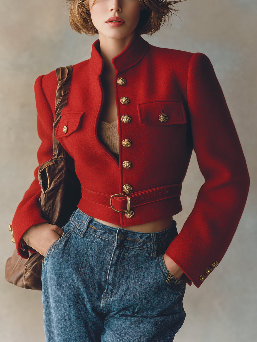 Retro And Fashionable Stand-up Collar Pocket Red Woolen Jacket