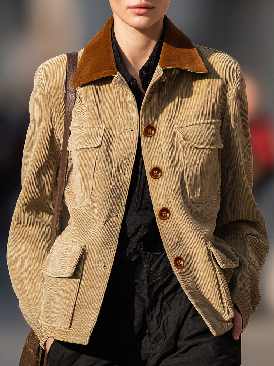 Vintage Contrast Lapel Corduroy Workwear Jacket
