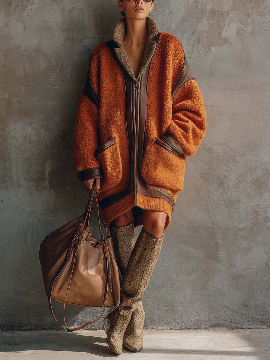 Retro Fashion Loose Contrast Lapel Leather Trim Front Zipper Orange Polar Fleece Coat