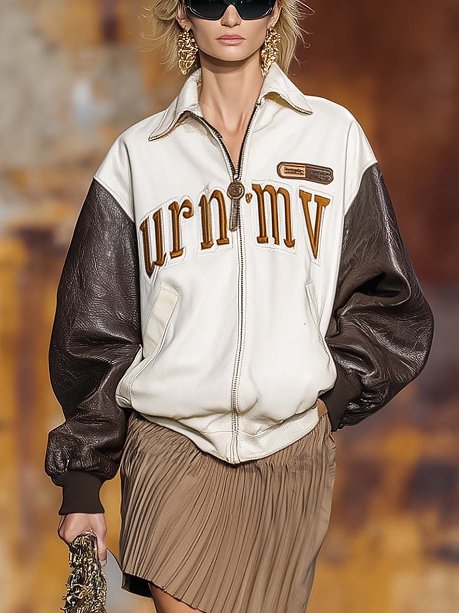Retro Exquisite Sports Lapel Front Zipper Letter Embroidery Contrast Sleeve Baseball Jacket