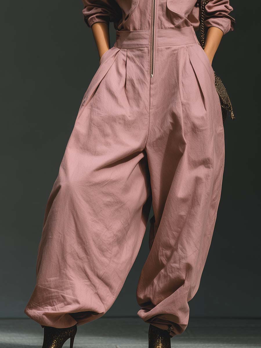 Urban Casual Front Zipper V-neck Pink Loose Cotton Jumpsuit