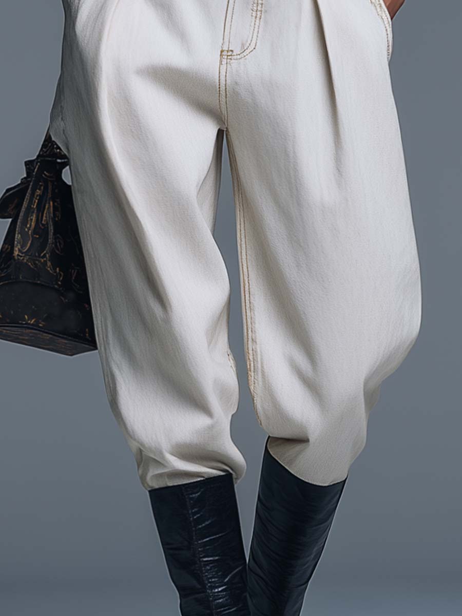 Classic Versatile Fashion Simple White Denim Tapered Pants