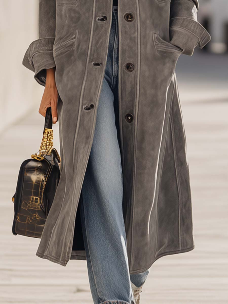 Vintage Urban Western Lapel Front Button Grey Premium Faux Suede Coat