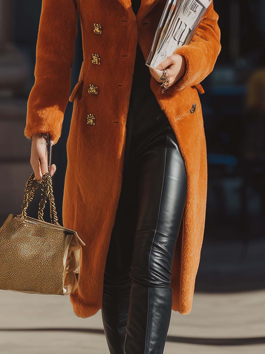 Retro Exquisite Street Style Large Lapel Double-breasted Metal Button Orange Faux Fur Coat