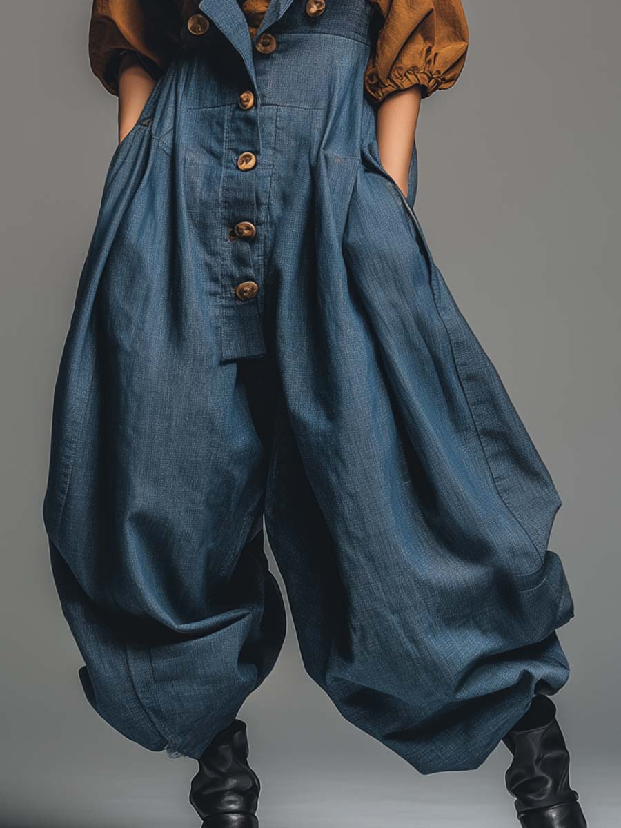 Vintage Casual Fashion Super Loose Front Metal Buckle Blue Cotton And Linen Overalls