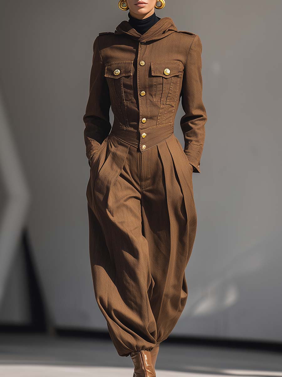Stylish And Handsome Hooded Front-button Tapered Leg Brown Denim Jumpsuit