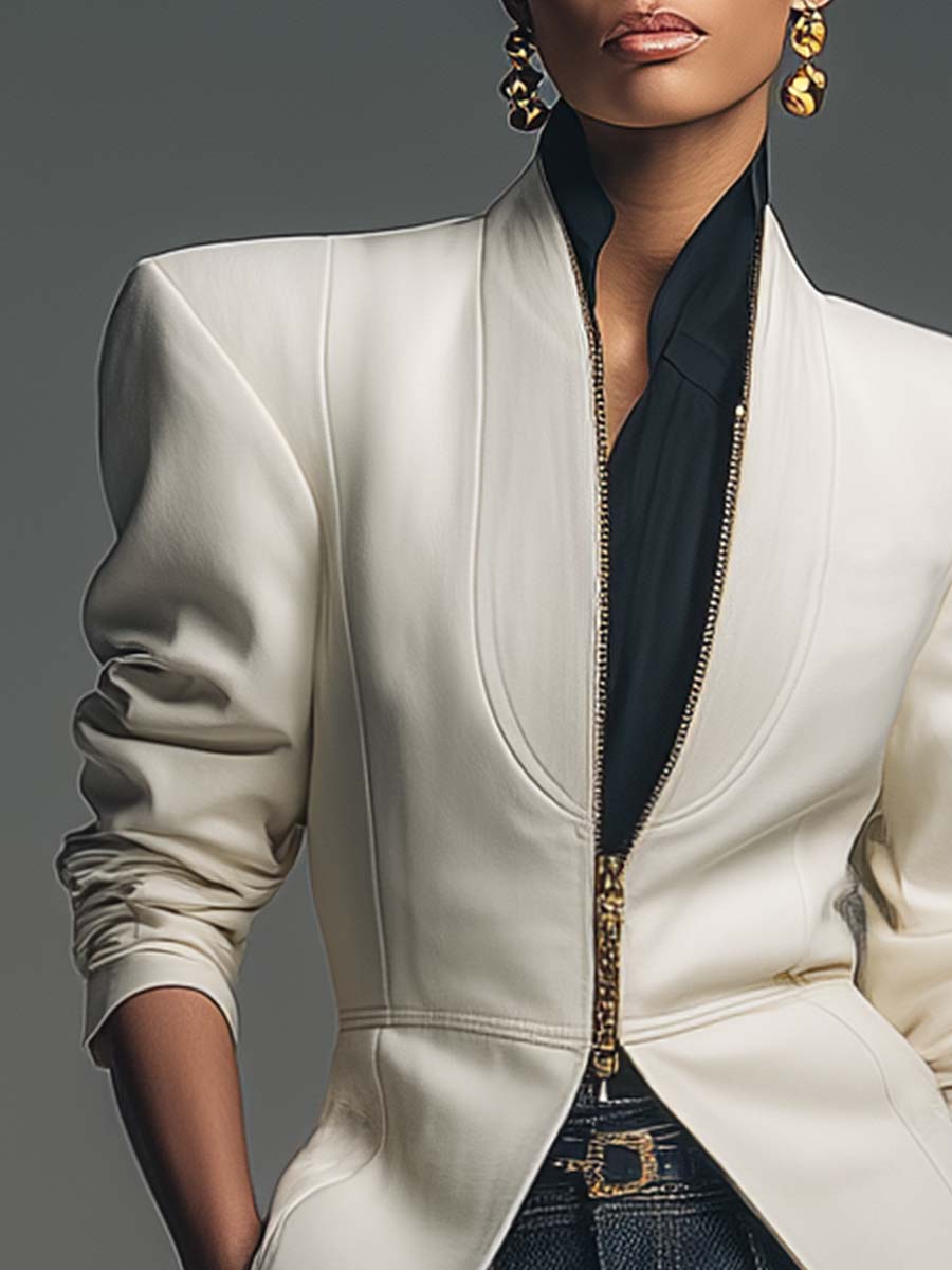 Handsome And Versatile Urban Wide Shoulder Collarless Front Zipper X-shaped White Blazer