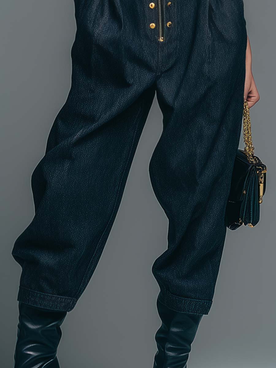 Exquisite And Versatile Urban Metal Studs Decorated Dark Blue Denim Cropped Pants