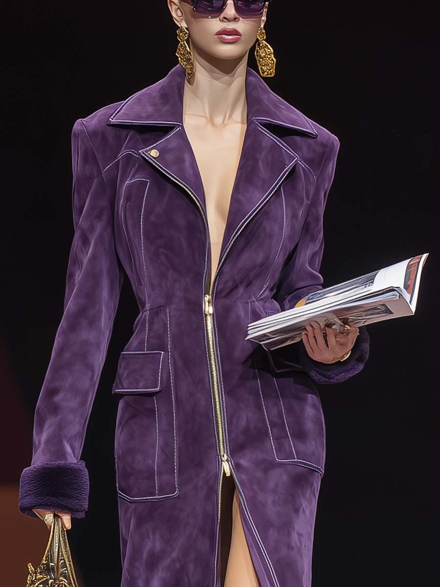 Retro Fashion Exquisite Street Style Large Lapel Front Zipper Dark Purple Faux Suede Slit Coat