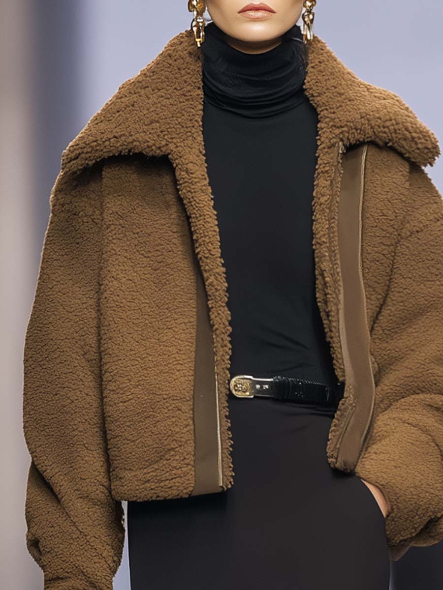 Exquisite And Fashionable Urban Large Lapel Brown Polar Fleece Jacket