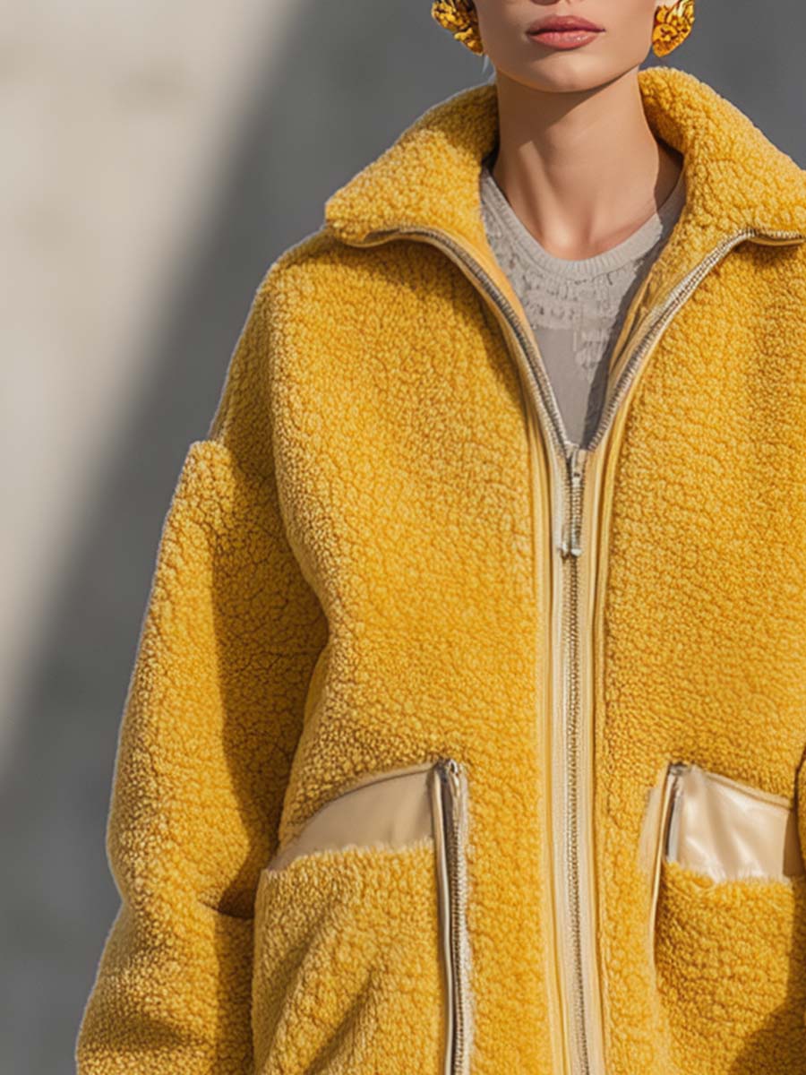 Urban Fashion Street Style Lapel Front Zipper Leather Pocket Goose Yellow Polar Fleece Coat