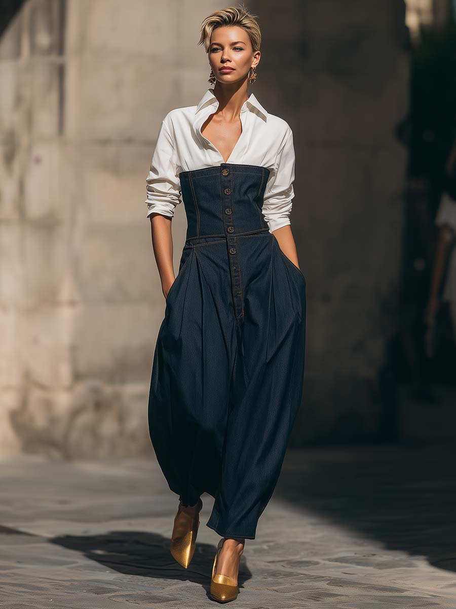 Temperamental And Fashionable Urban Dark Blue Denim Tube Top Loose Jumpsuit And White Shirt Set