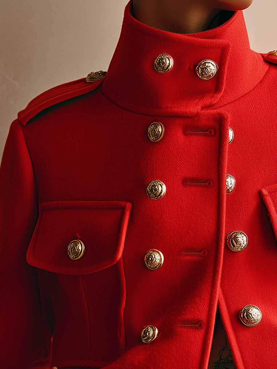 Vintage Loose Gold Button Red Wool Jacket