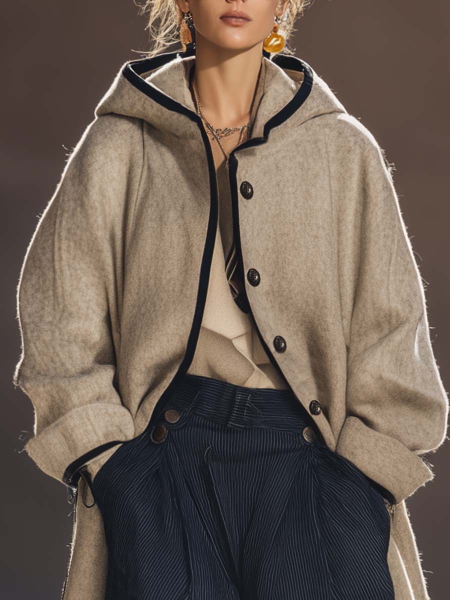 Retro Versatile Street Hooded Black Trim Beige Wool Loose Coat