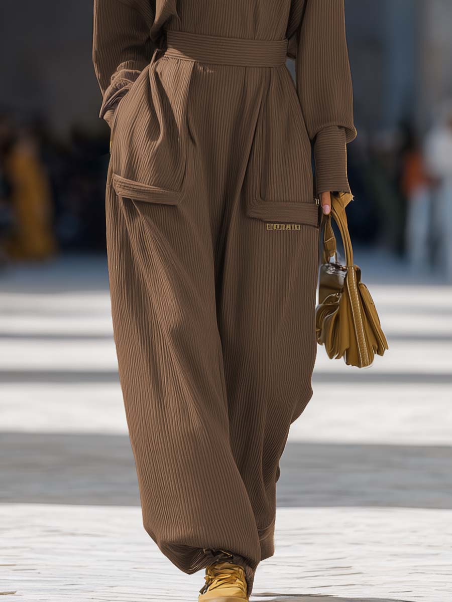 Exquisite Casual V-neck Long-sleeved Brown Knitted Jumpsuit