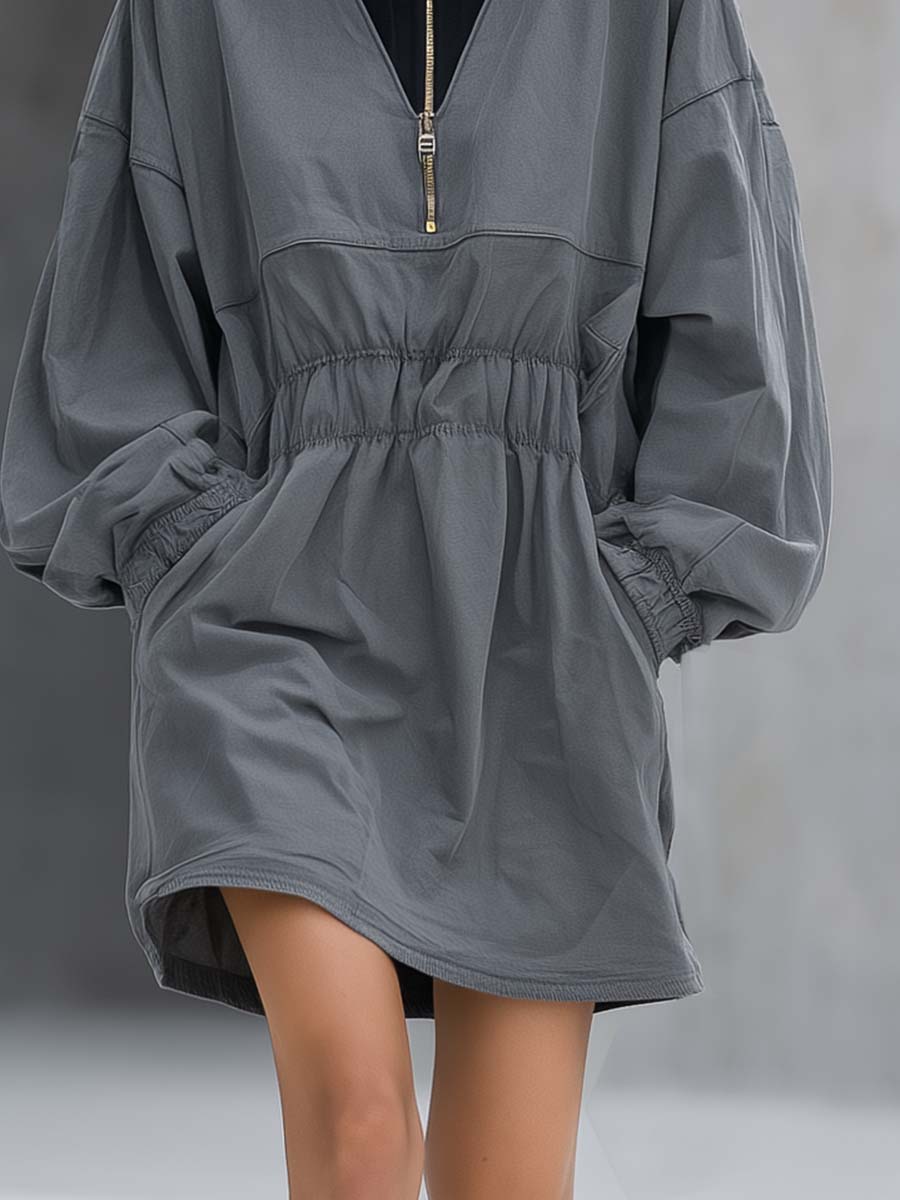 Oakly Fashion™ | Hooded Gray Cotton mini dress
