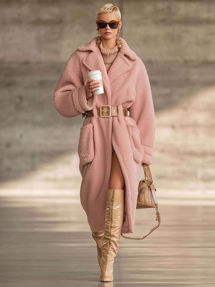 Temperamental And Fashionable Urban Large Lapel Pocket Pink Polar Fleece Coat