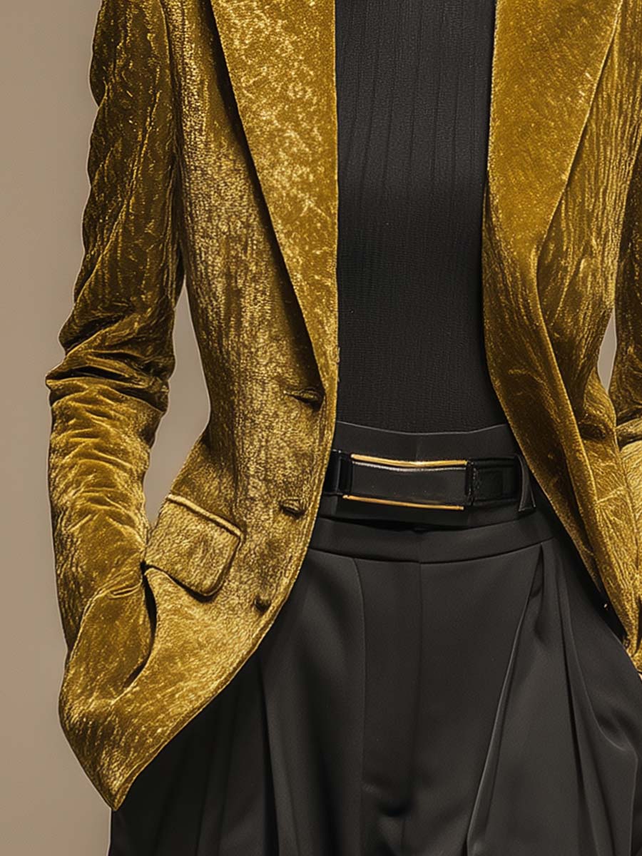 Temperament Fashion Peaked Lapel Single-breasted 3-button Small X-shaped Gold Velvet Blazer