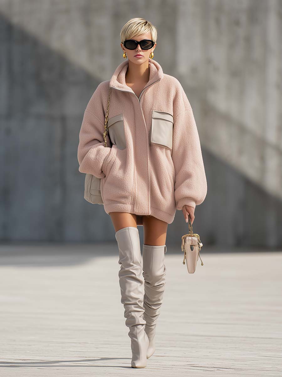 Simple Urban Versatile Lapel Front Zipper Leather Pocket Light Pink Polar Fleece Short Coat