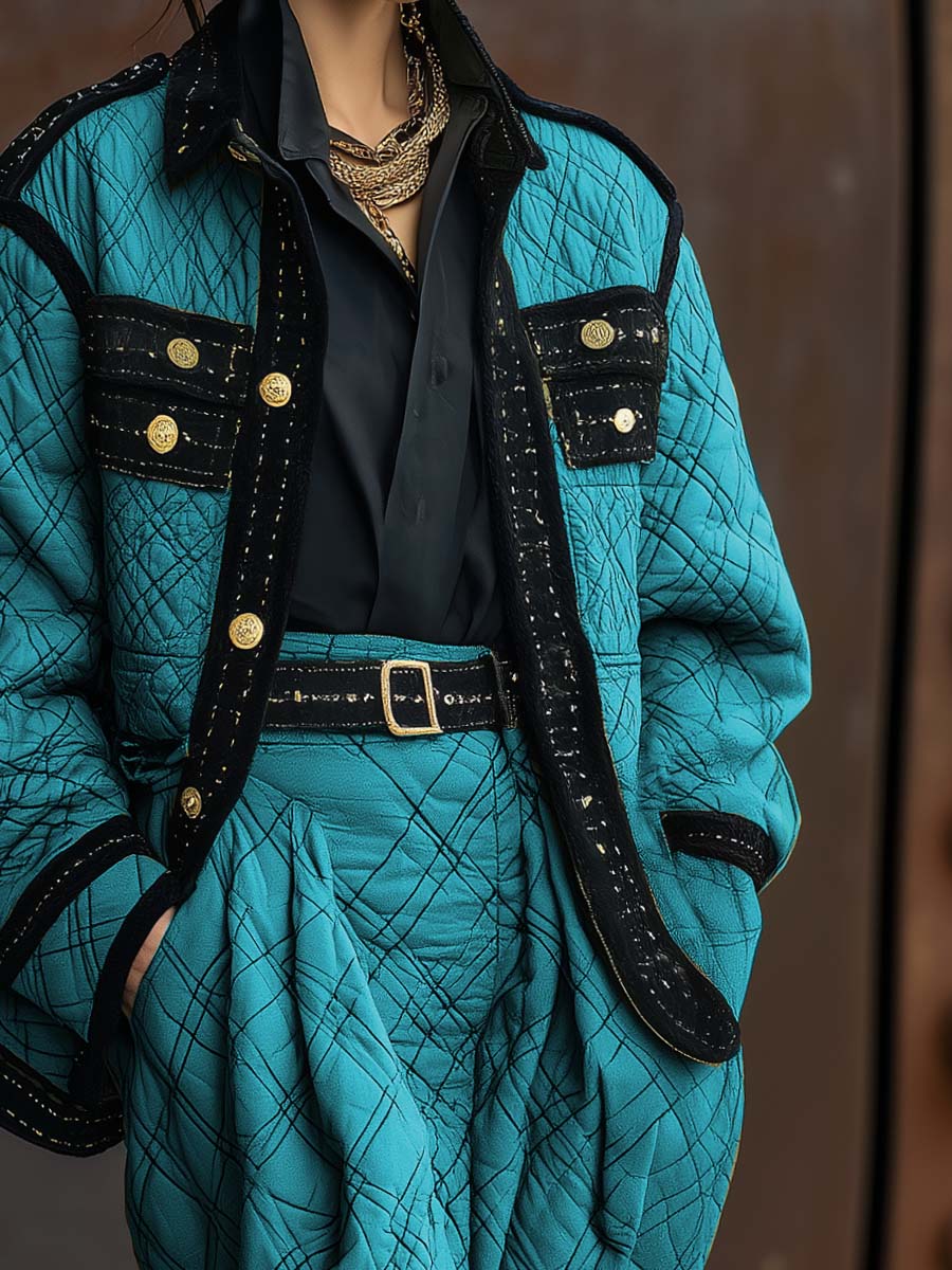 Retro Exquisite Fashion Lapel Black Trim Metal Buttons Sky Blue Quilted Cotton Jacket Coat