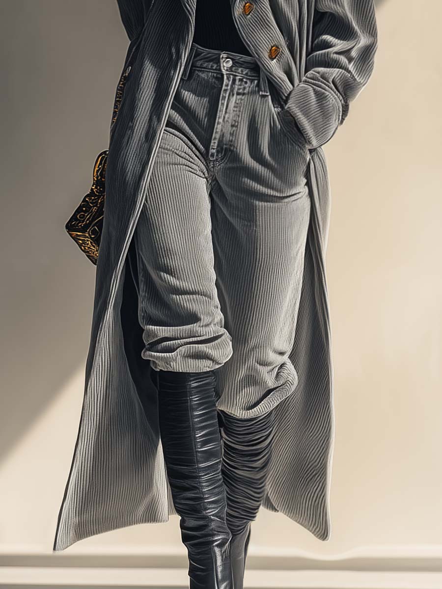 Urban And Fashionable Temperament Large Lapel Front Button Gray Corduroy Coat