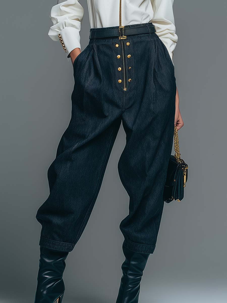 Exquisite And Versatile Urban Metal Studs Decorated Dark Blue Denim Cropped Pants