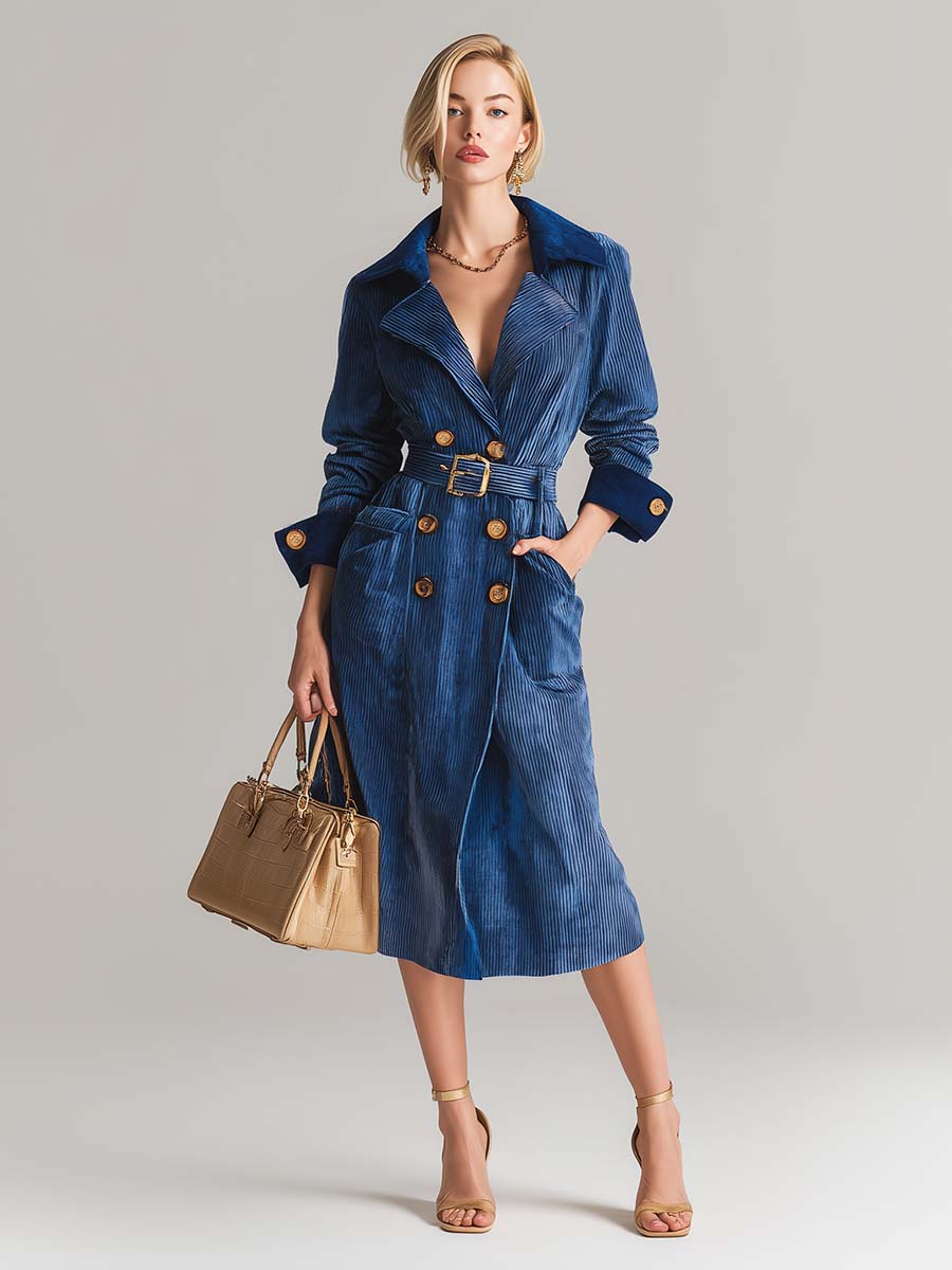 Fashion Retro Blue Corduroy Long-sleeved Tie Mid-length Trench Coat