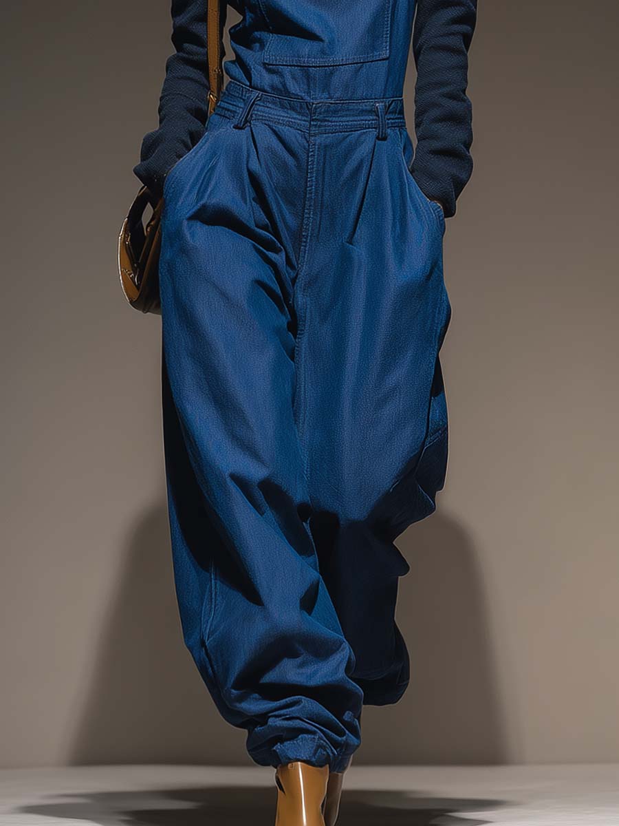 Versatile And Casual High-quality Blue Denim Pocket Jumpsuit Overalls