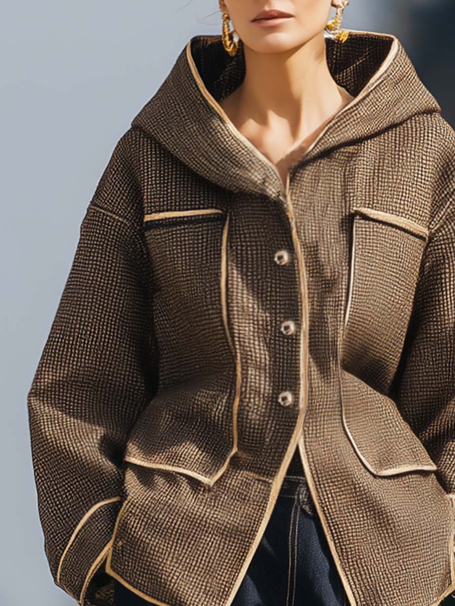 Casual Fashion Urban Beige Trim Hooded Front Button Brown Plaid Jacket