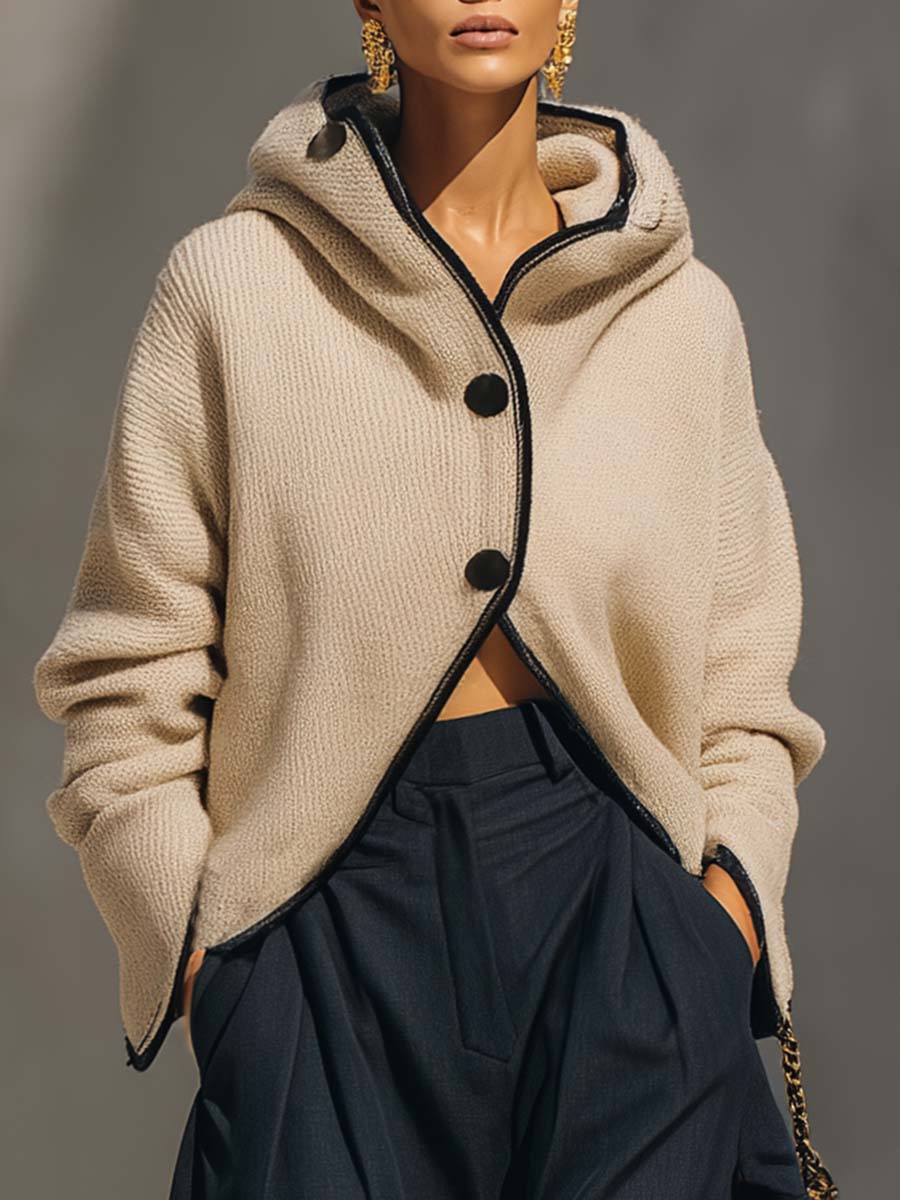Comfortable And Fashionable Urban Black Trim Front Button Hooded Beige Knitted Cardigan