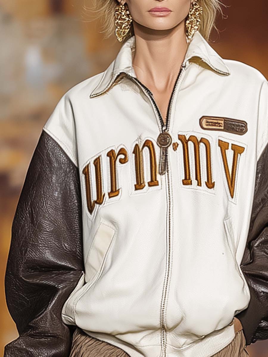 Retro Exquisite Sports Lapel Front Zipper Letter Embroidery Contrast Sleeve Baseball Jacket