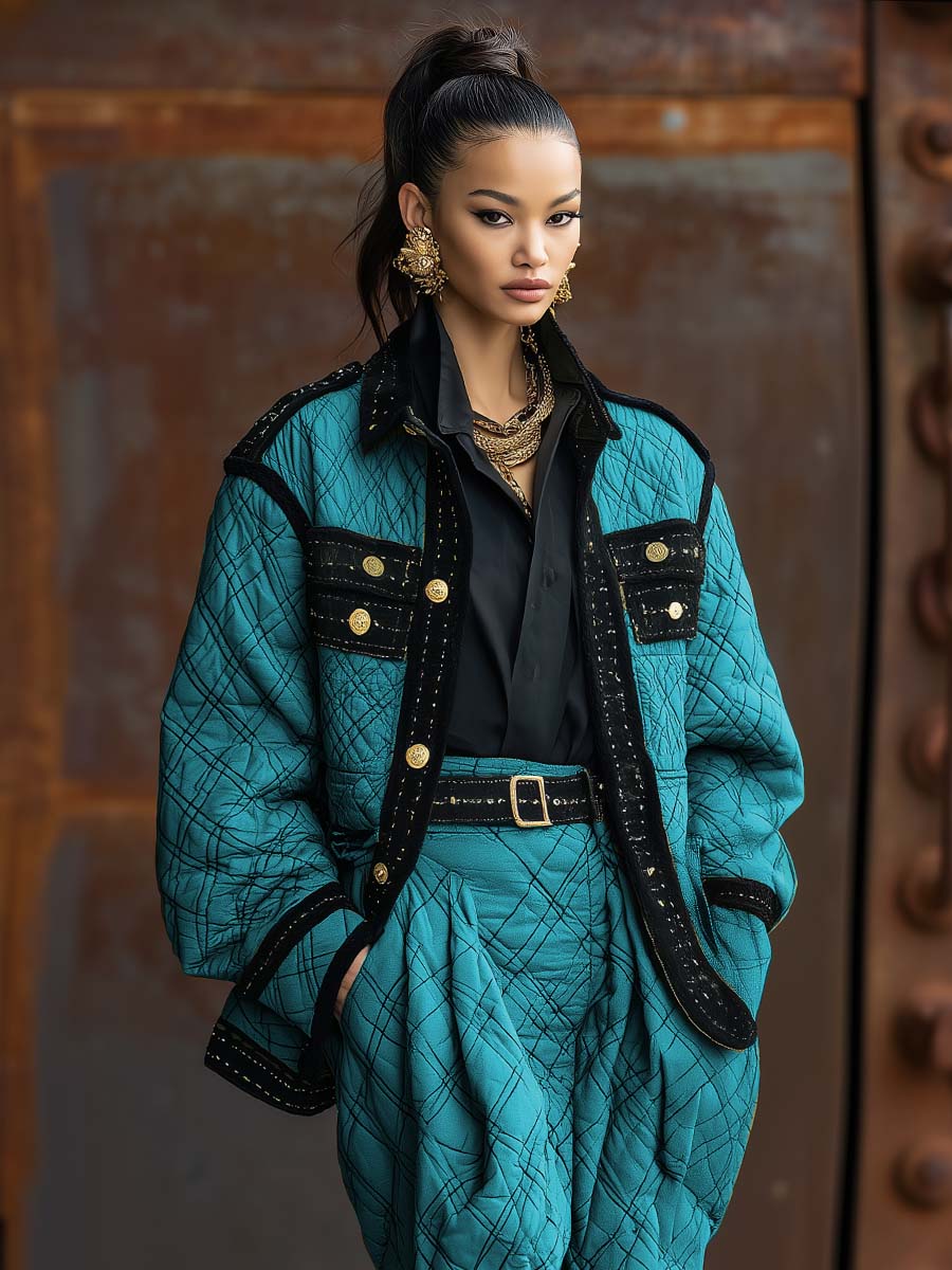 Retro Exquisite Fashion Lapel Black Trim Metal Buttons Sky Blue Quilted Cotton Jacket Coat