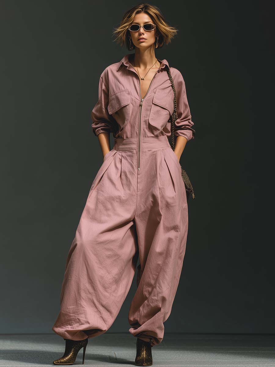 Urban Casual Front Zipper V-neck Pink Loose Cotton Jumpsuit