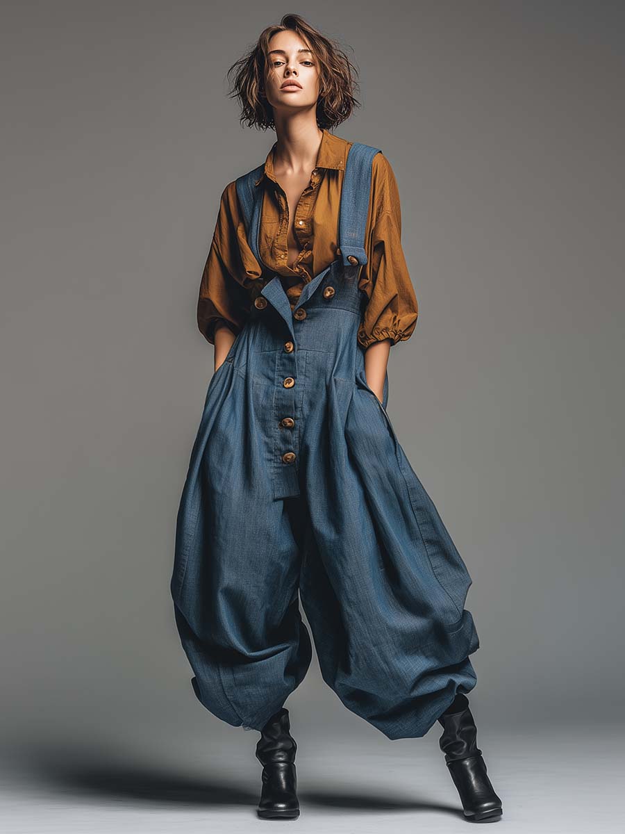 Vintage Casual Fashion Super Loose Front Metal Buckle Blue Cotton And Linen Overalls