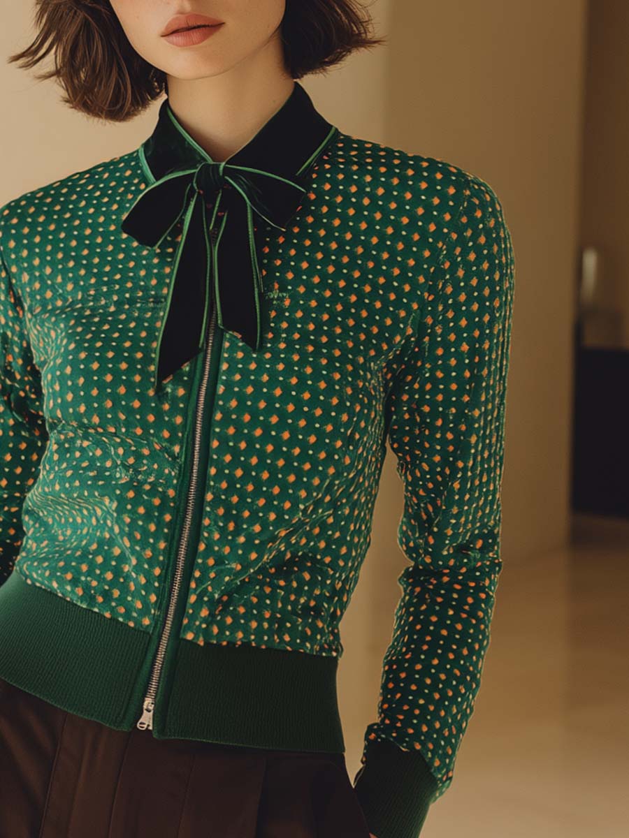 Retro Fashion Sports Lapel Bow Tie Front Zipper Green Matte Velvet Polka Dot Jacket