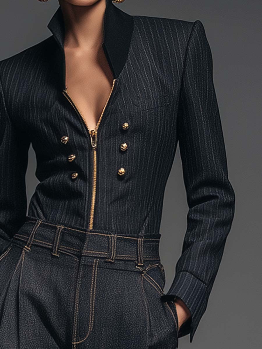 Exquisite Urban Contrast Color Stand Collar Front Zipper Metal Decoration Black Striped Slim Jacket
