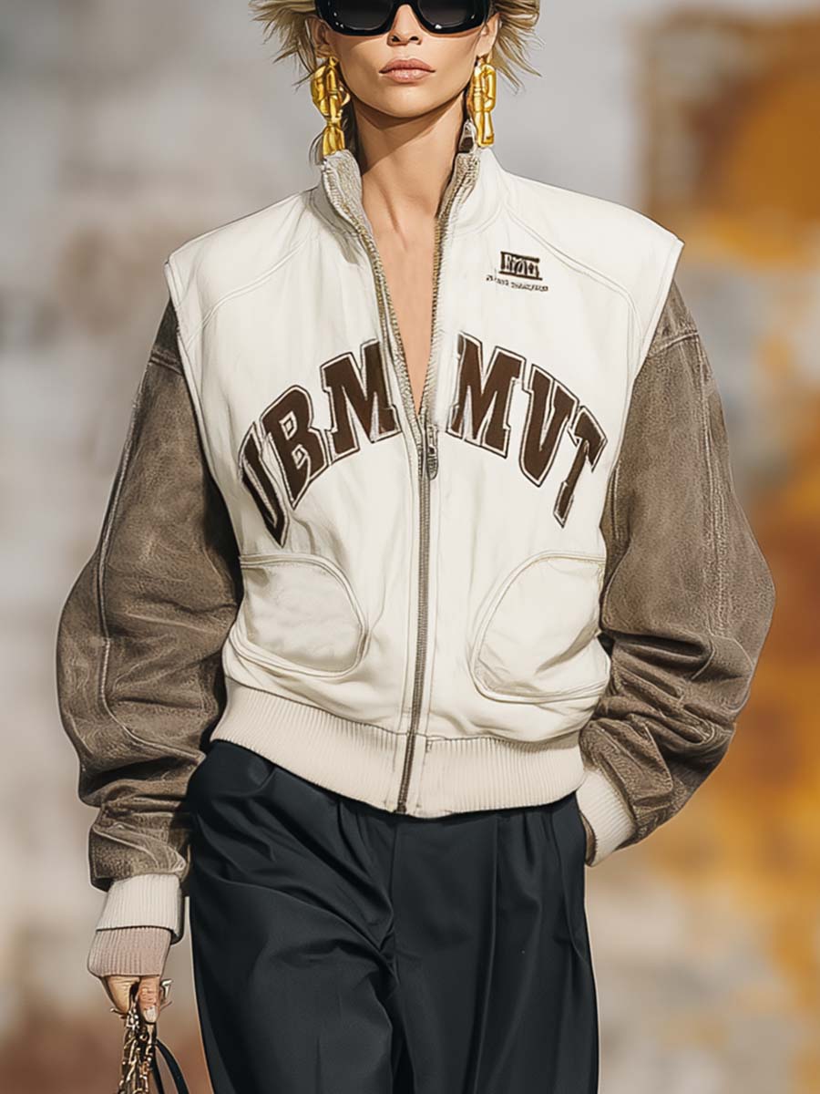 Retro Fashion Sports Lapel Front Zipper Contrast Sleeves Beige Baseball Jacket
