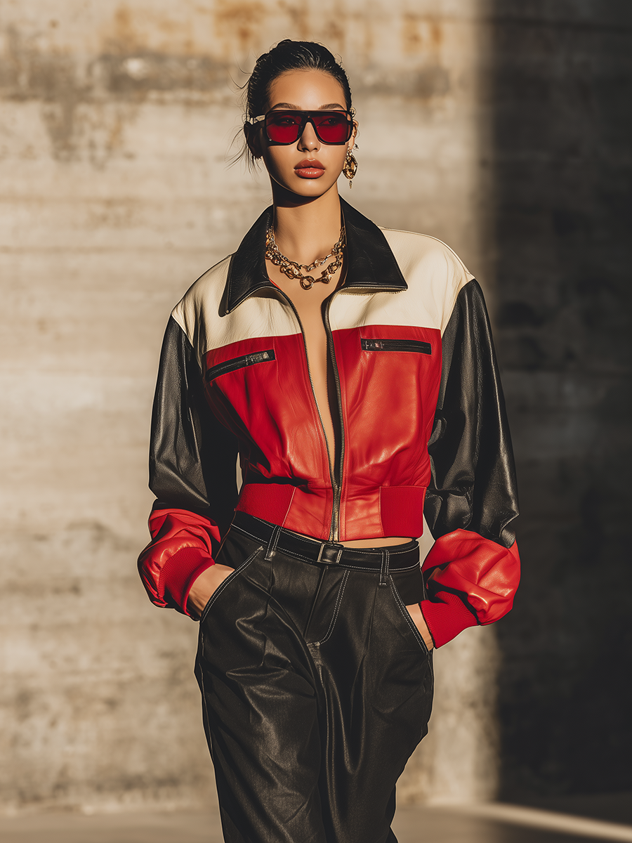 Vintage Street Style Contrast Color Panel Leather Jacket