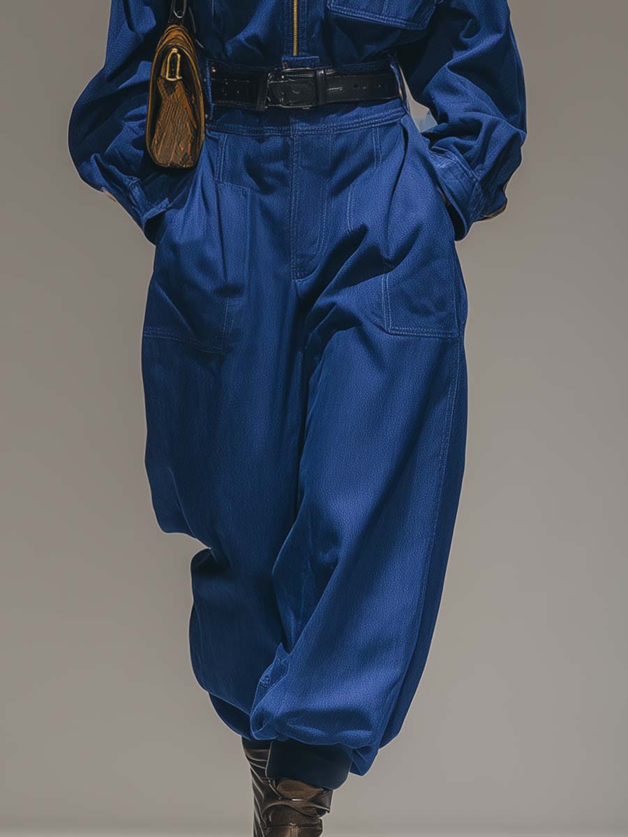 Exquisite Casual Urban Front Zipper Blue Cotton Loose Work Jumpsuit