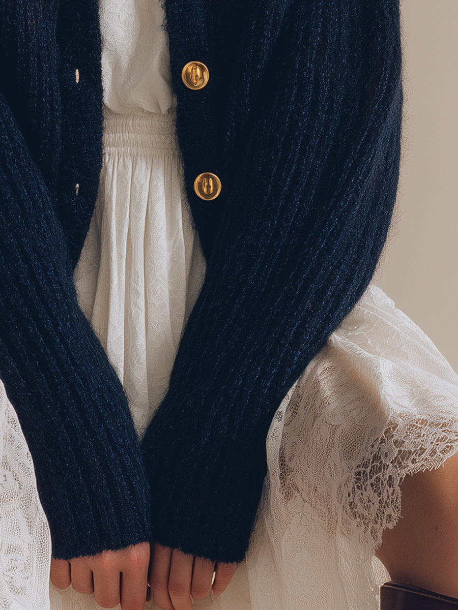 Retro And Fashionable Red And Blue Striped Navy Blue Mohair Knitted Cardigan