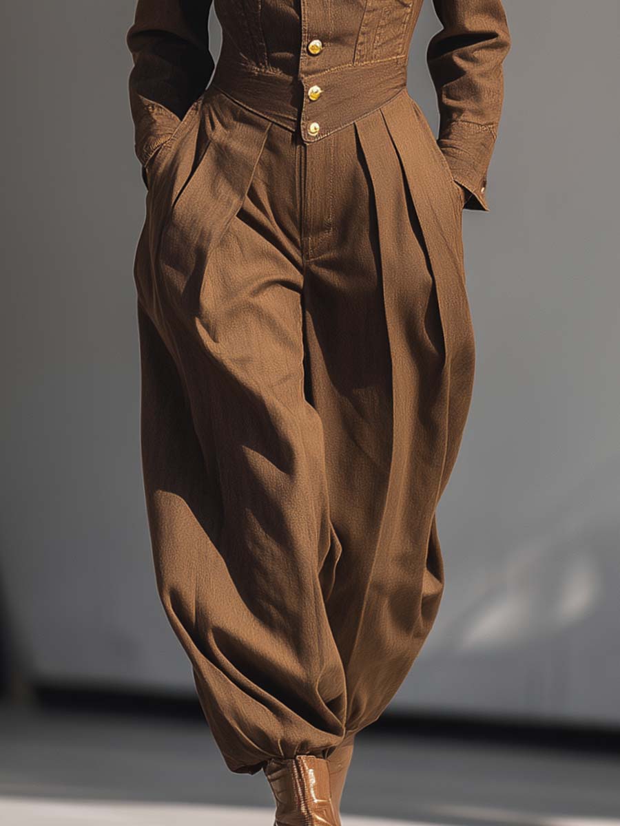 Stylish And Handsome Hooded Front-button Tapered Leg Brown Denim Jumpsuit