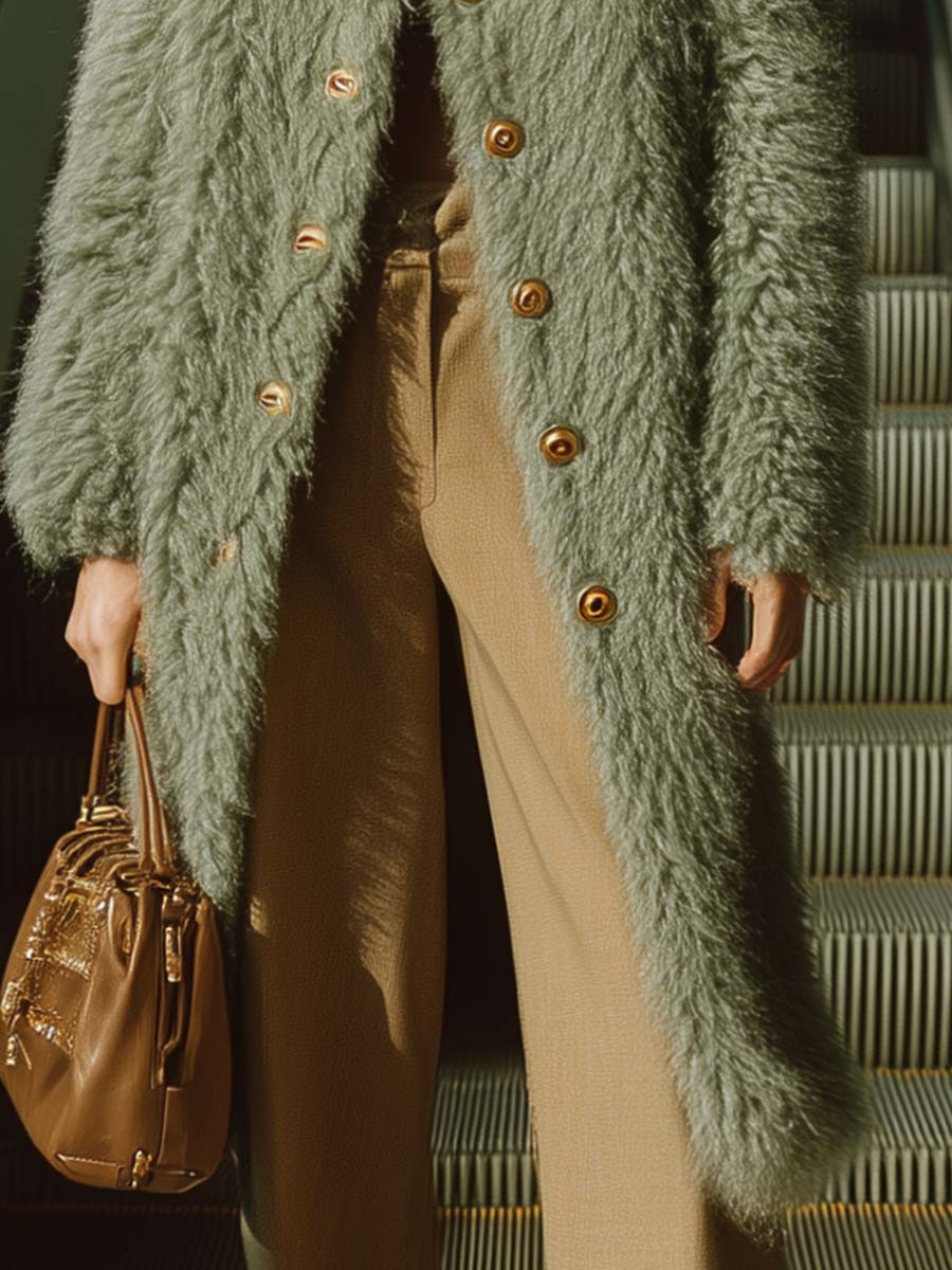 Exquisite Retro Notched Lapel Metal Front Button Bean Green Environmentally Friendly Curly Fur Coat