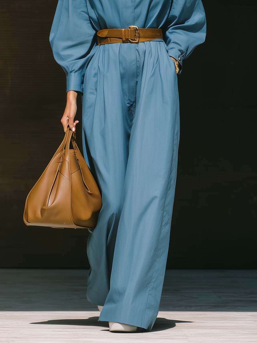 Temperamental And Fashionable Street Bat Sleeve Belt Blue Shirt-style Jumpsuit