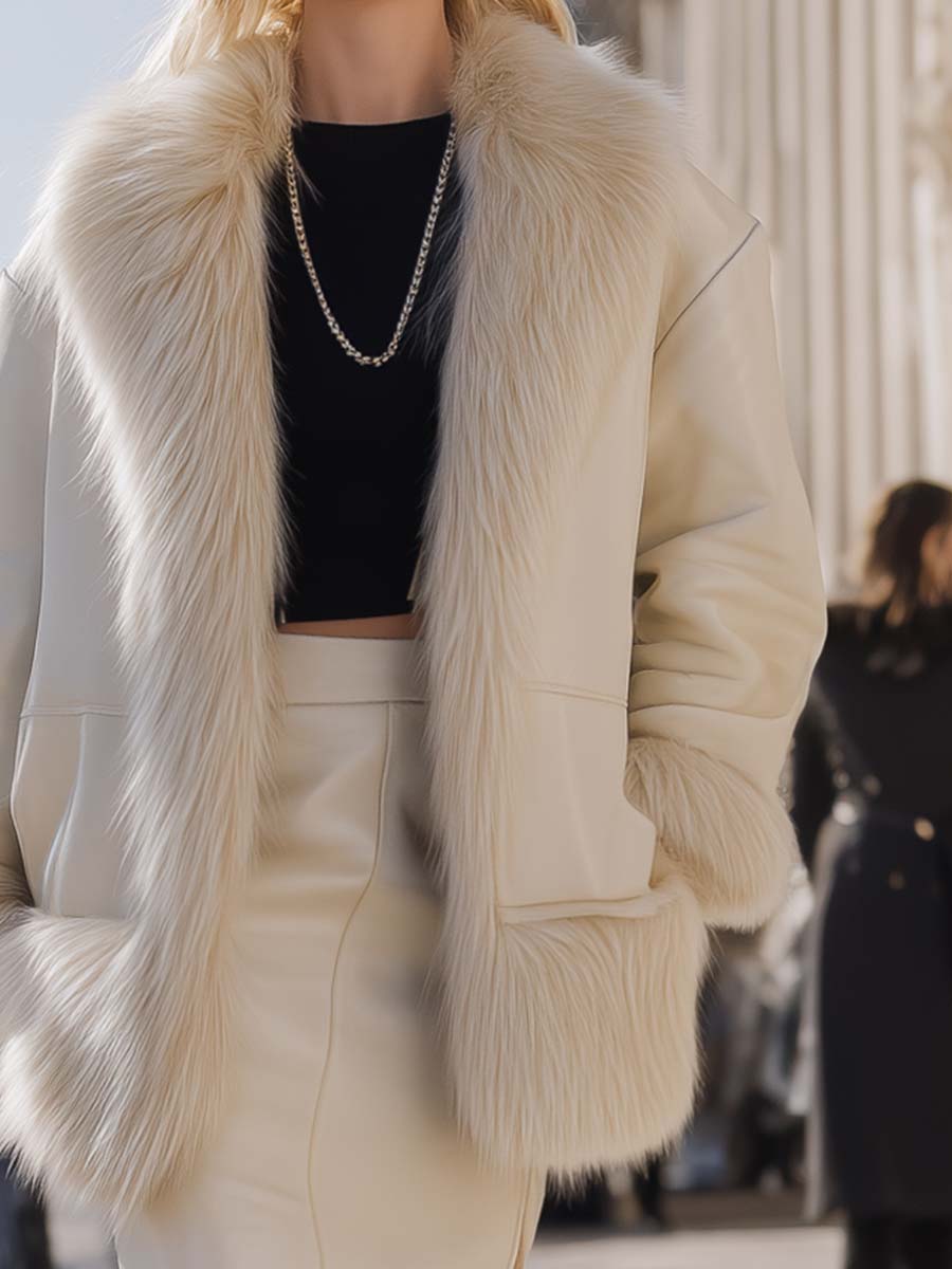 Urban Elegance Fashion Faux Fur Trim Cream Faux Leather Jacket