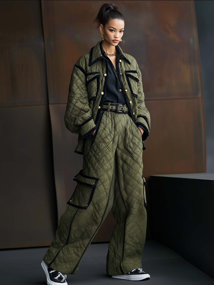 Retro Fashion Black Trim Olive Green Quilted Cotton Wide-leg Pants