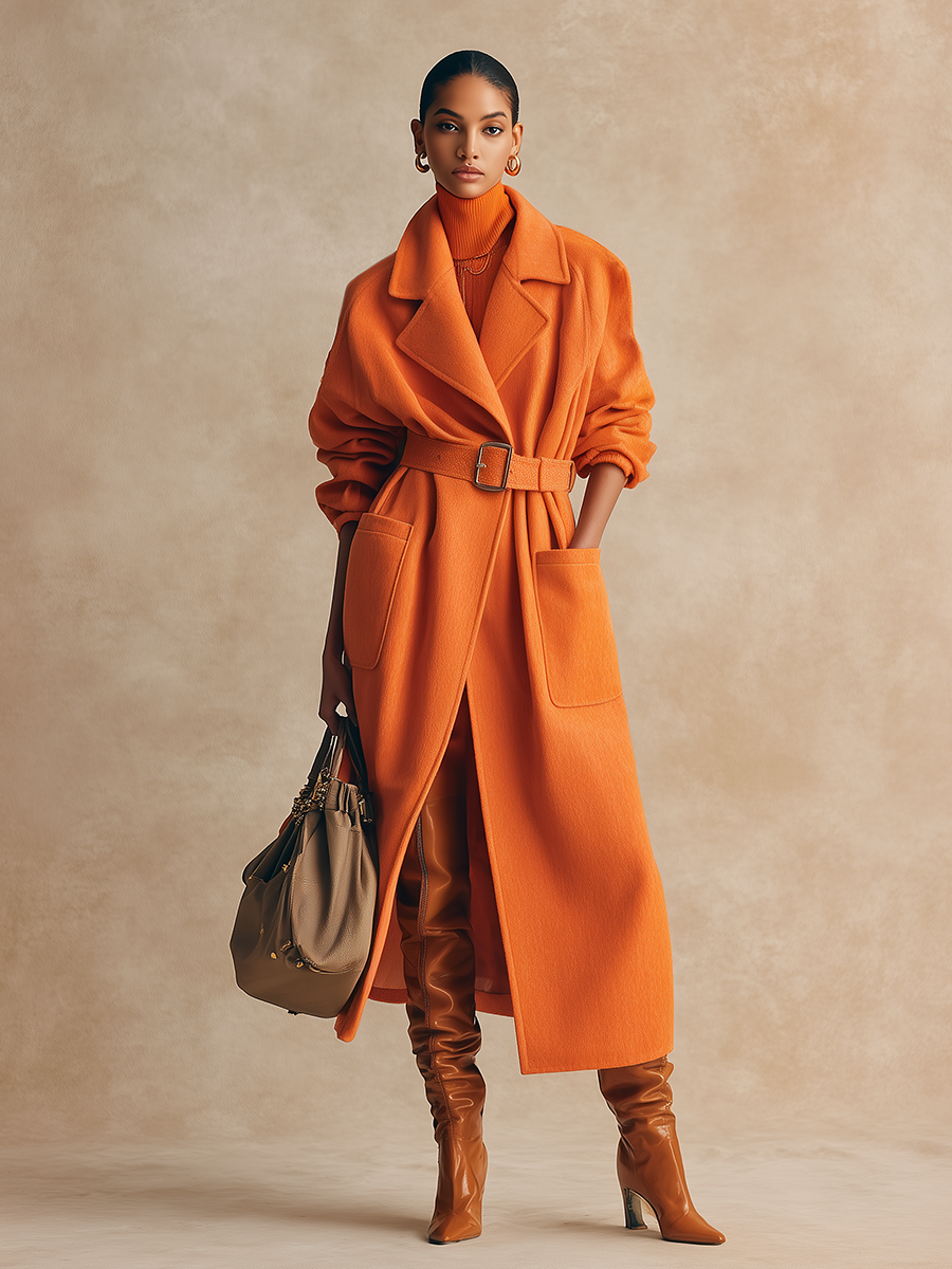 Retro Elegant Lapel Belt Long Woolen Coat