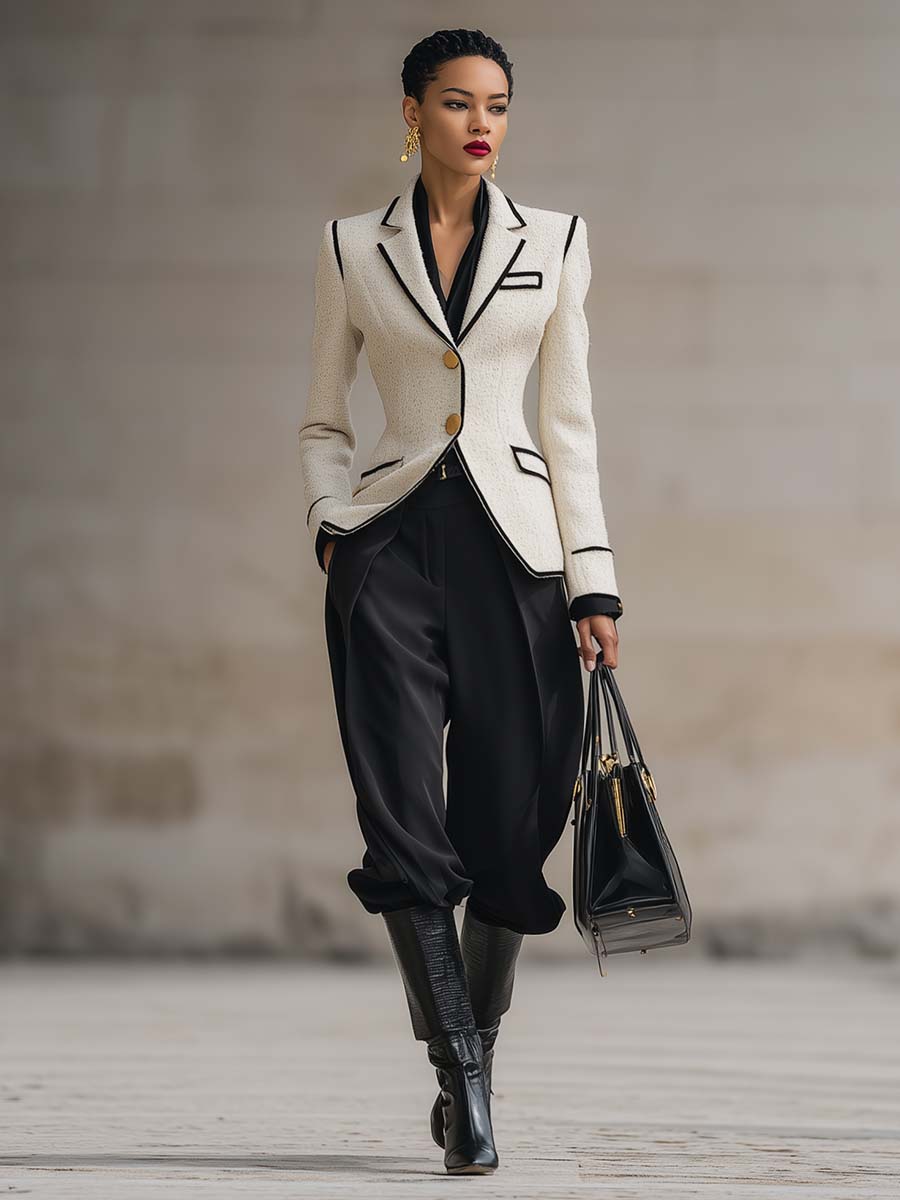 Retro Urban Notch Lapel Single-breasted Metal Button White Tweed X-type Blazer